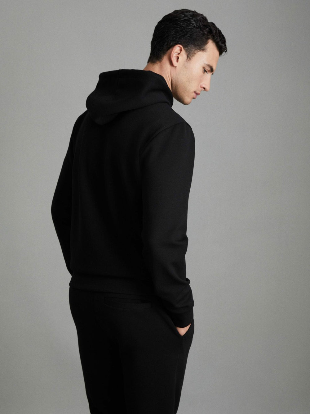 Men Interlock Jersey Drawstring Hoodie in Black