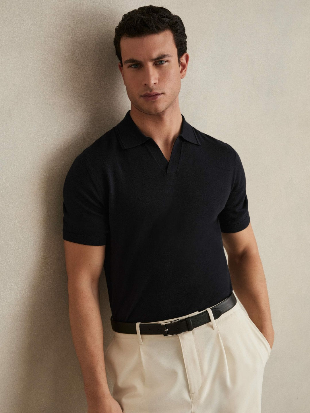 Men Merino Wool Open Collar Polo Shirt in Navy