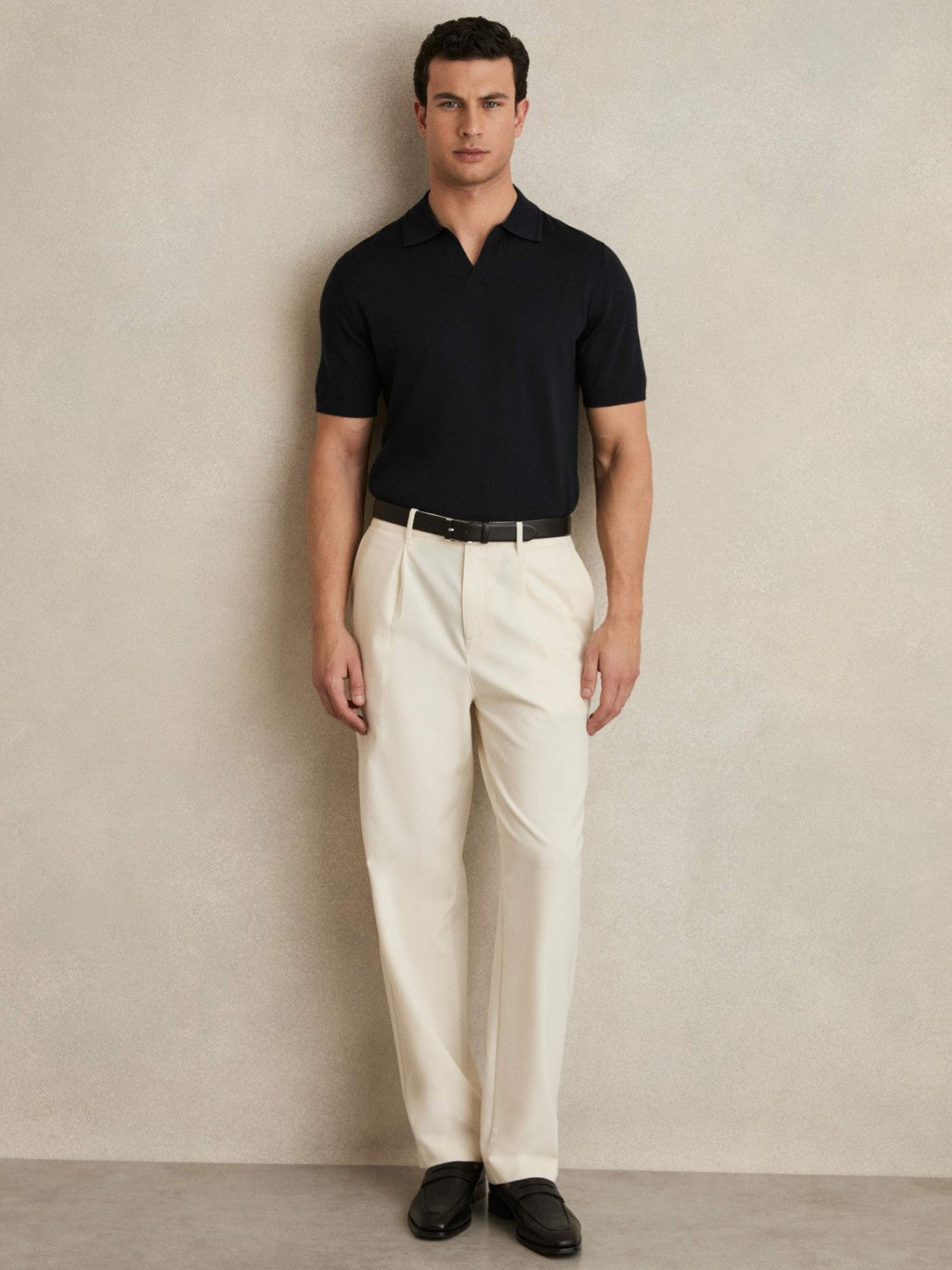 Men Merino Wool Open Collar Polo Shirt in Navy