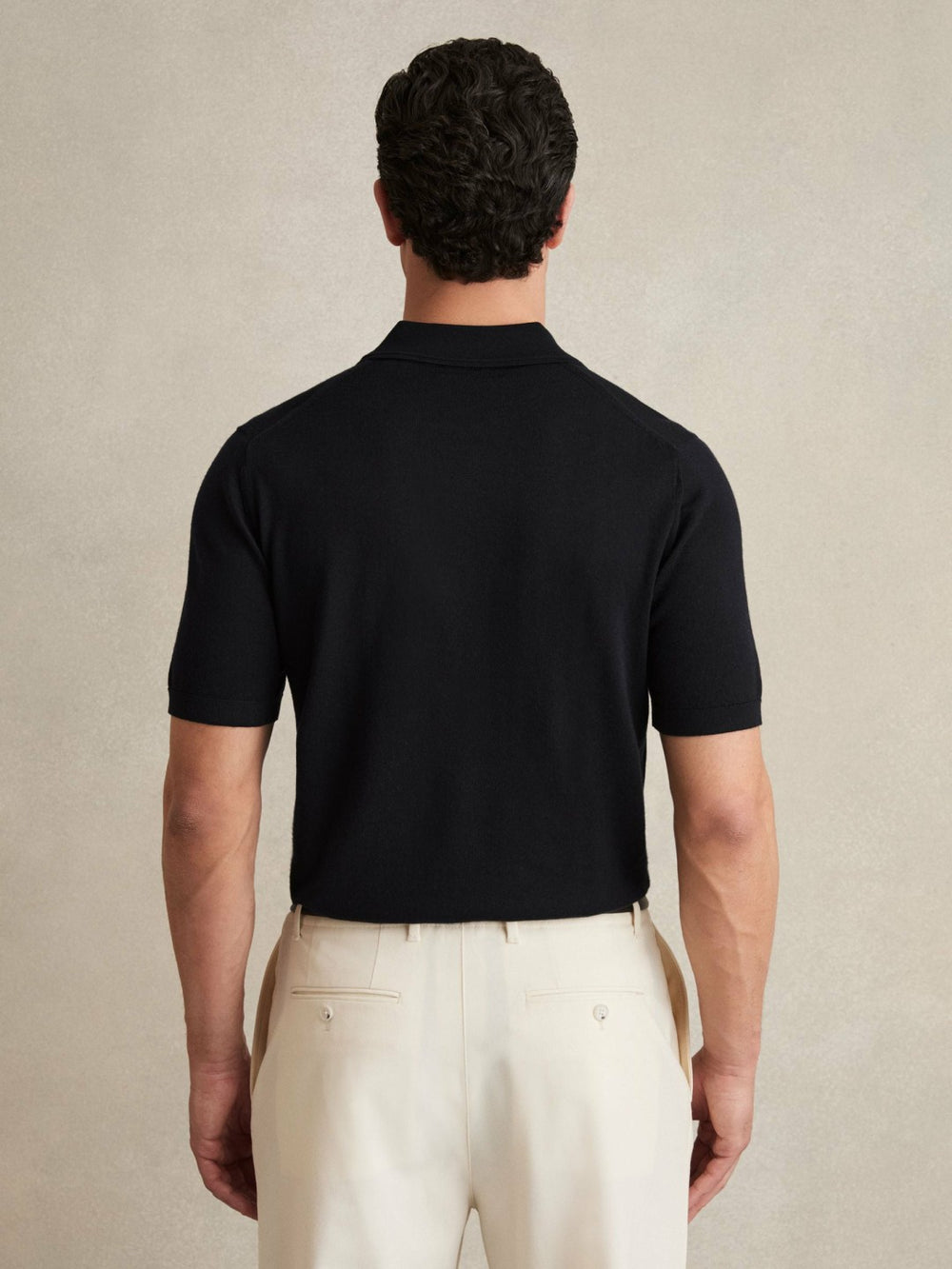 Men Merino Wool Open Collar Polo Shirt in Navy