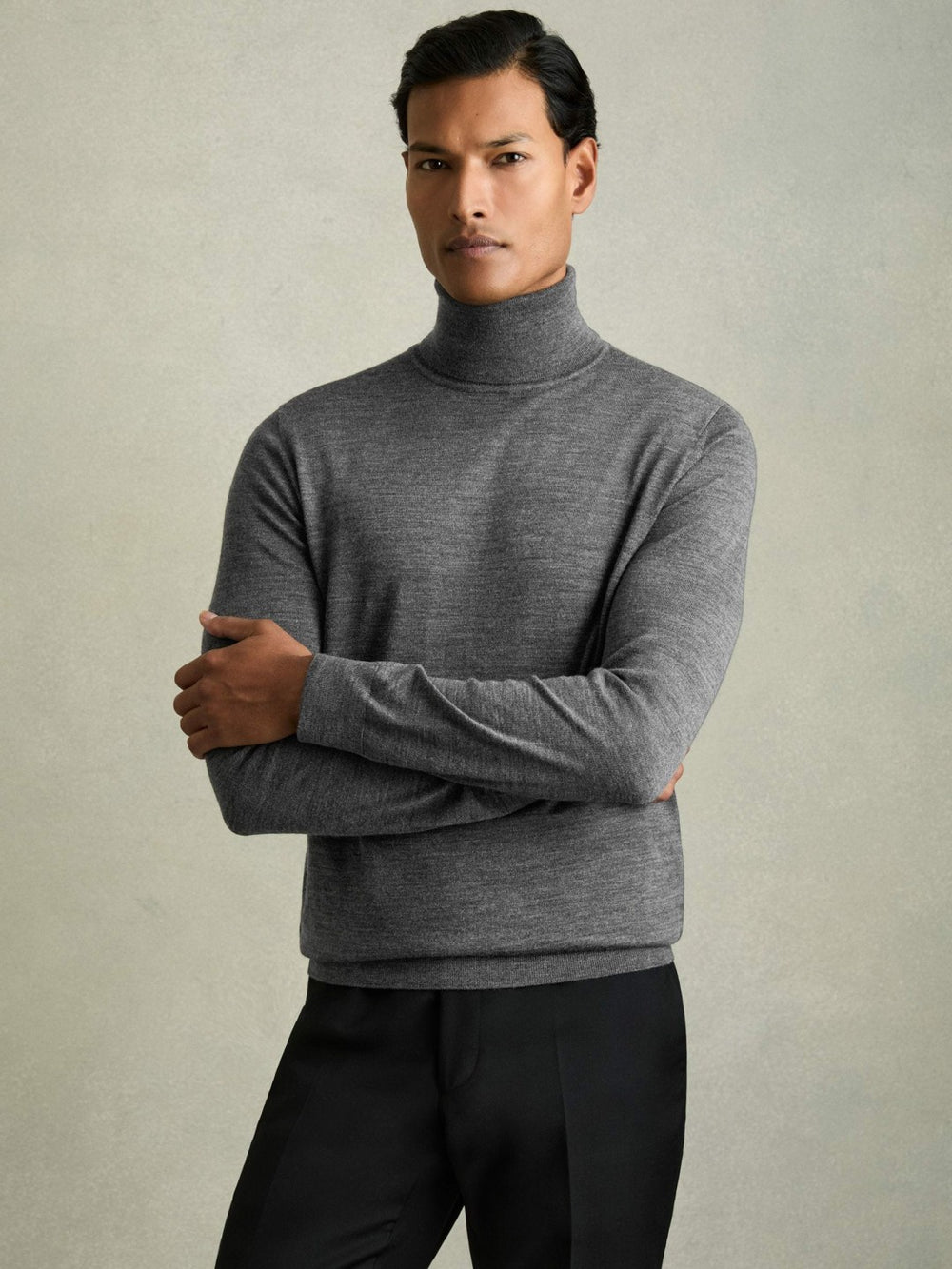 Men Slim Fit Merino Wool Roll Neck Jumper in Derby Grey Marl
