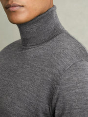 Men Slim Fit Merino Wool Roll Neck Jumper in Derby Grey Marl