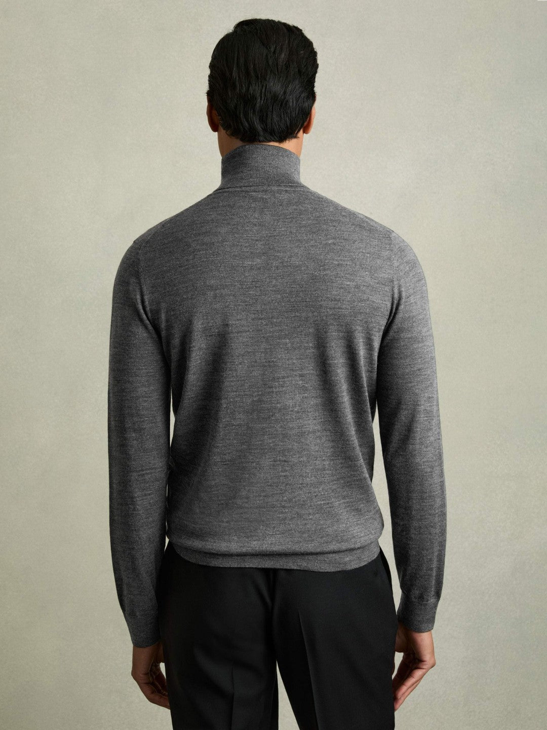 Men Slim Fit Merino Wool Roll Neck Jumper in Derby Grey Marl