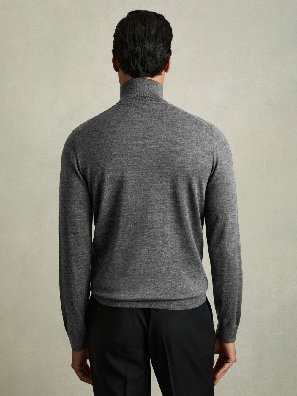 Men Slim Fit Merino Wool Roll Neck Jumper in Derby Grey Marl