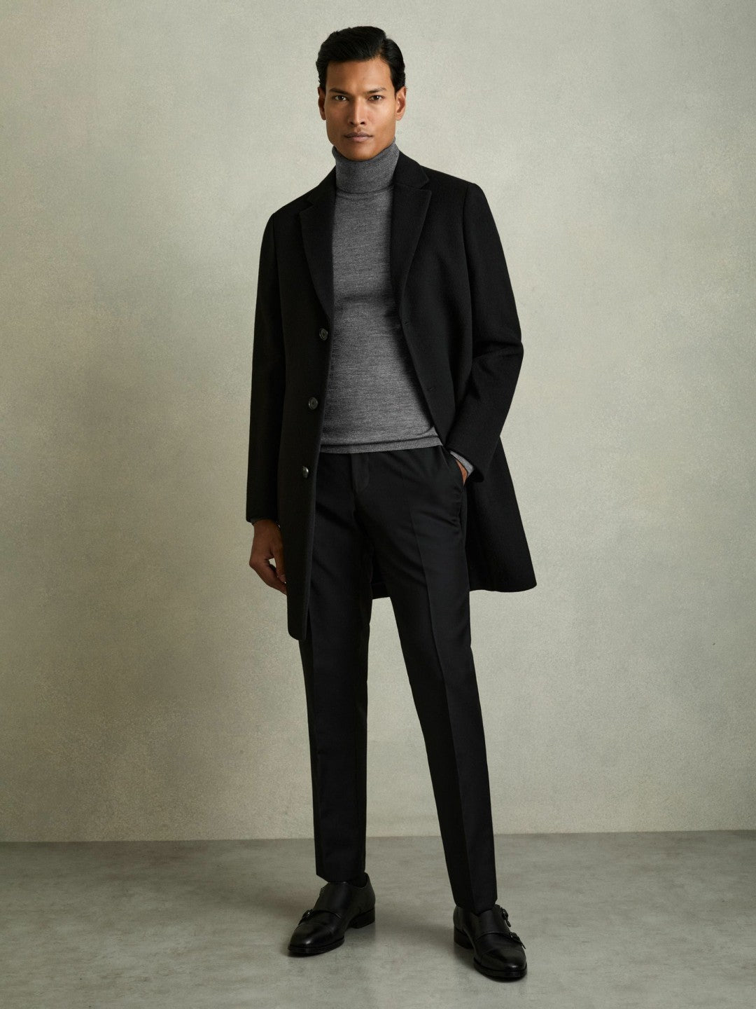 Men Slim Fit Merino Wool Roll Neck Jumper in Derby Grey Marl