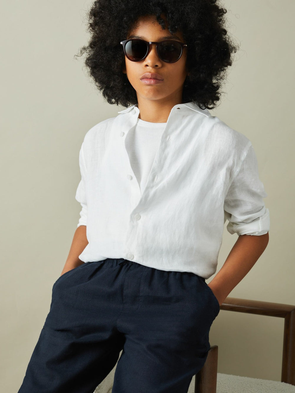 Children & Baby 9-13 yrs Striped Linen Cutaway Collar Shirt in White