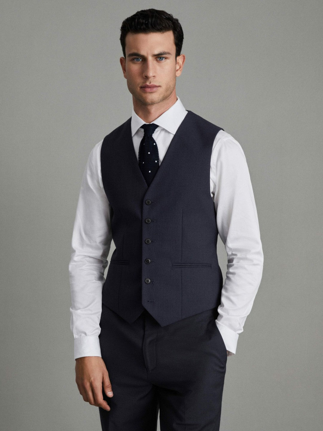 Men Modern Fit Wool Blend Waistcoat in Navy
