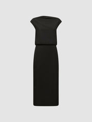 Women Premium Linen Blend Open-Back Midi Dress in Black