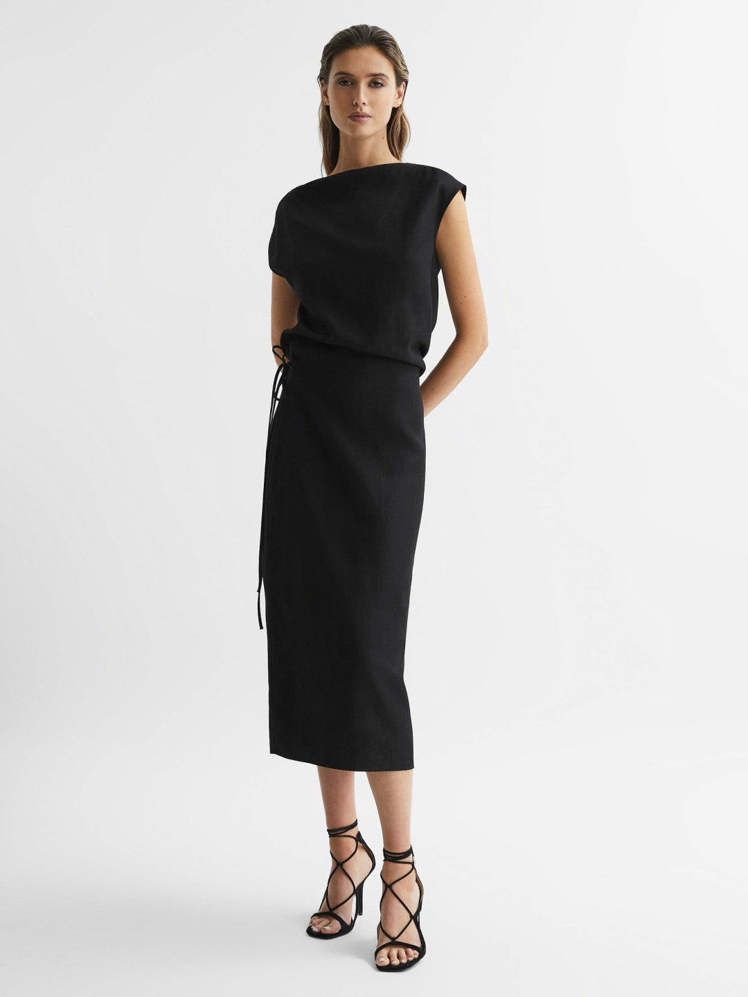 Women Premium Linen Blend Open-Back Midi Dress in Black