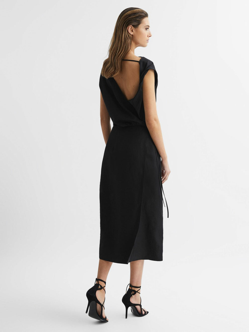 Women Premium Linen Blend Open-Back Midi Dress in Black