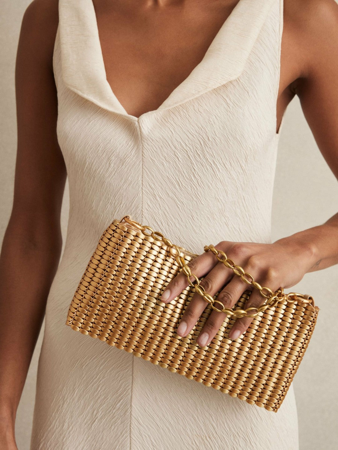 Women Beaded Removable Strap Shoulder Bag in Gold