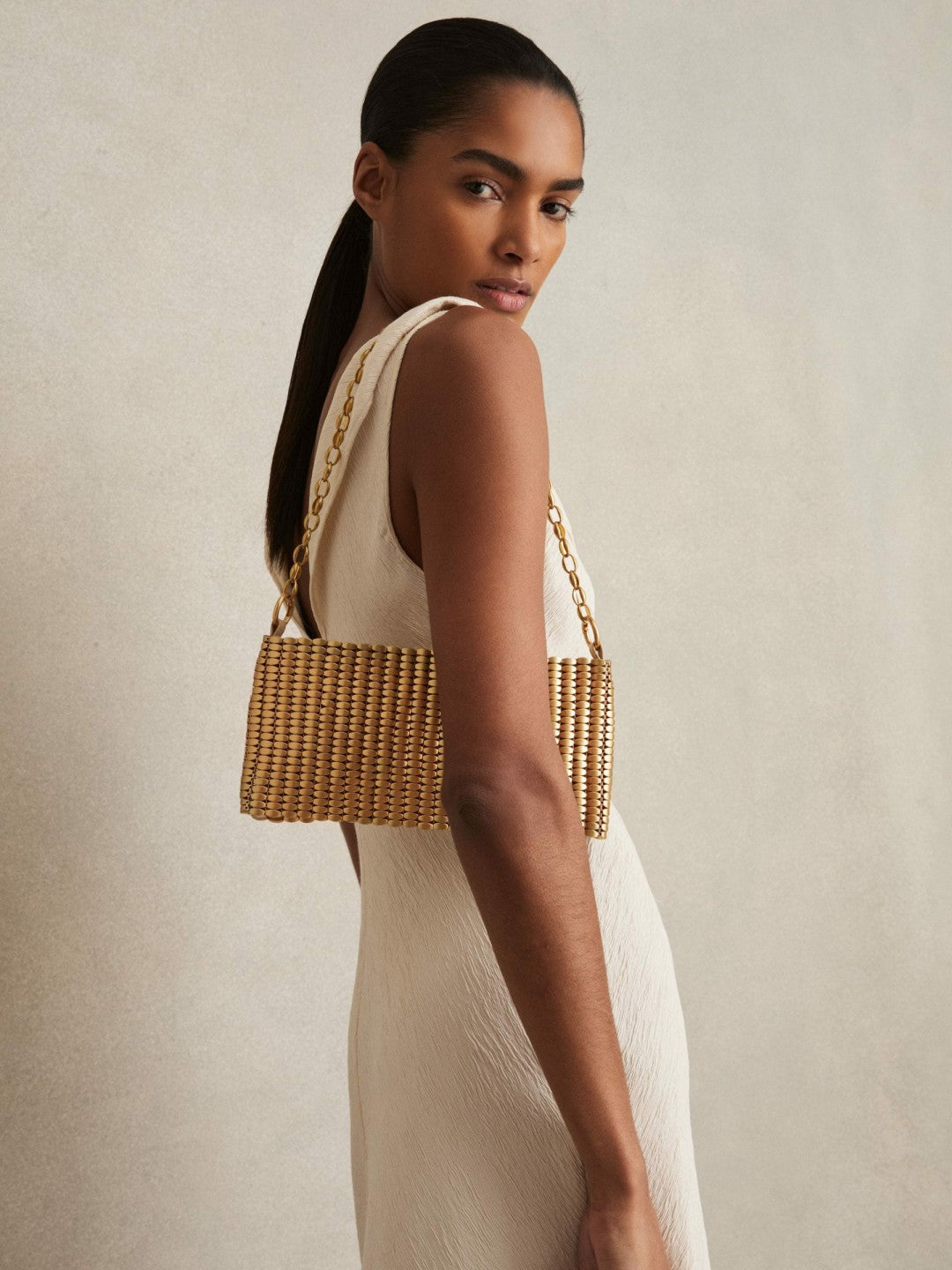 Women Beaded Removable Strap Shoulder Bag in Gold