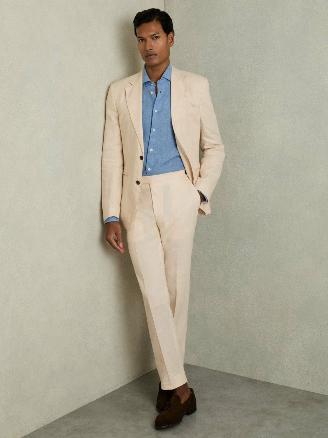 Men Slim Fit Linen Adjuster Trousers in Stone