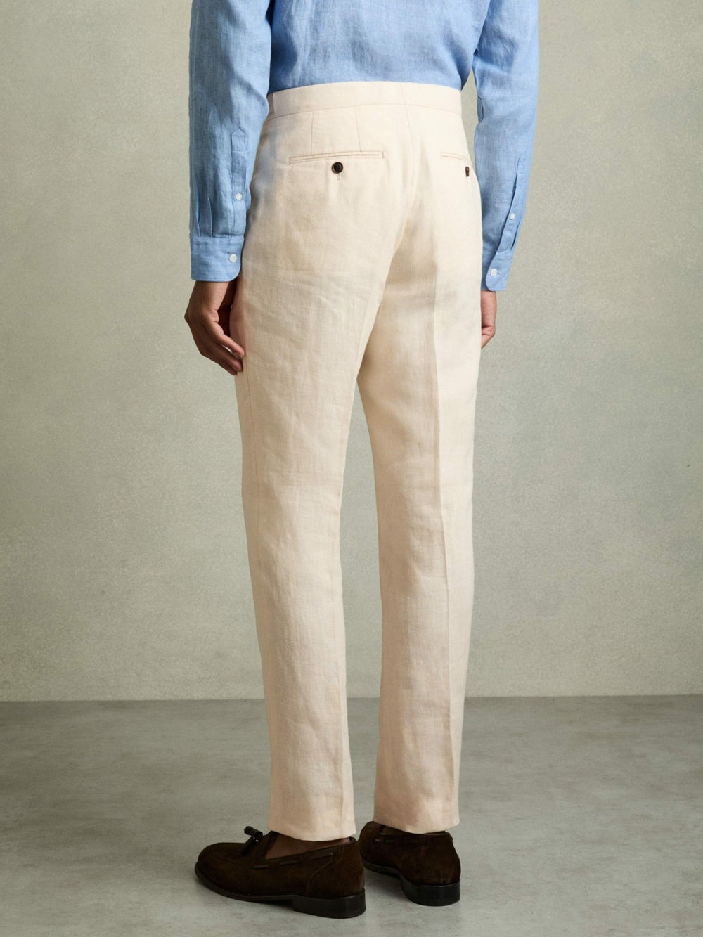 Men Slim Fit Linen Adjuster Trousers in Stone