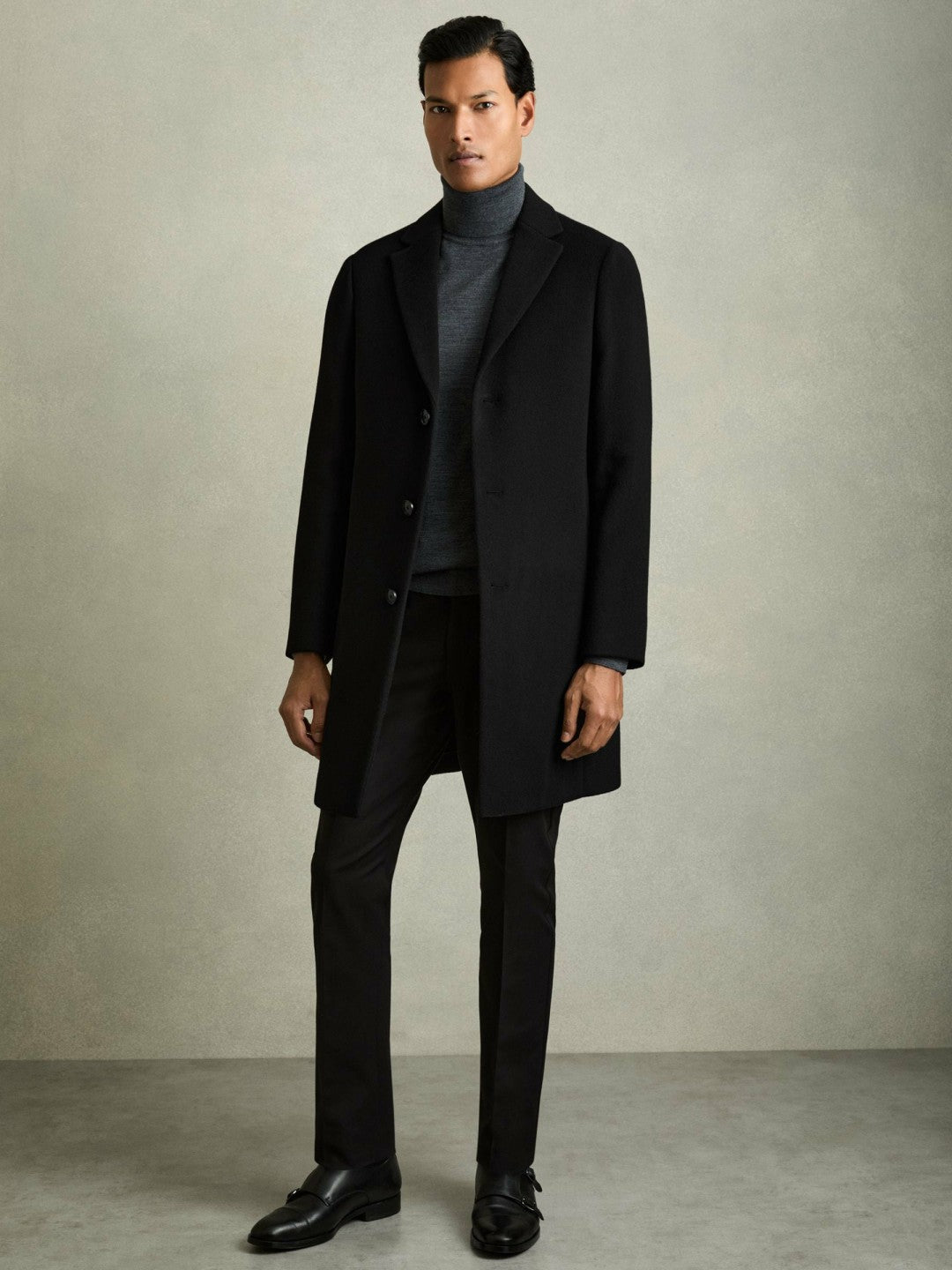 Men Wool Blend Single Breasted Epsom Overcoat in Black