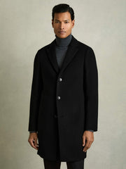 Men Wool Blend Single Breasted Epsom Overcoat in Black