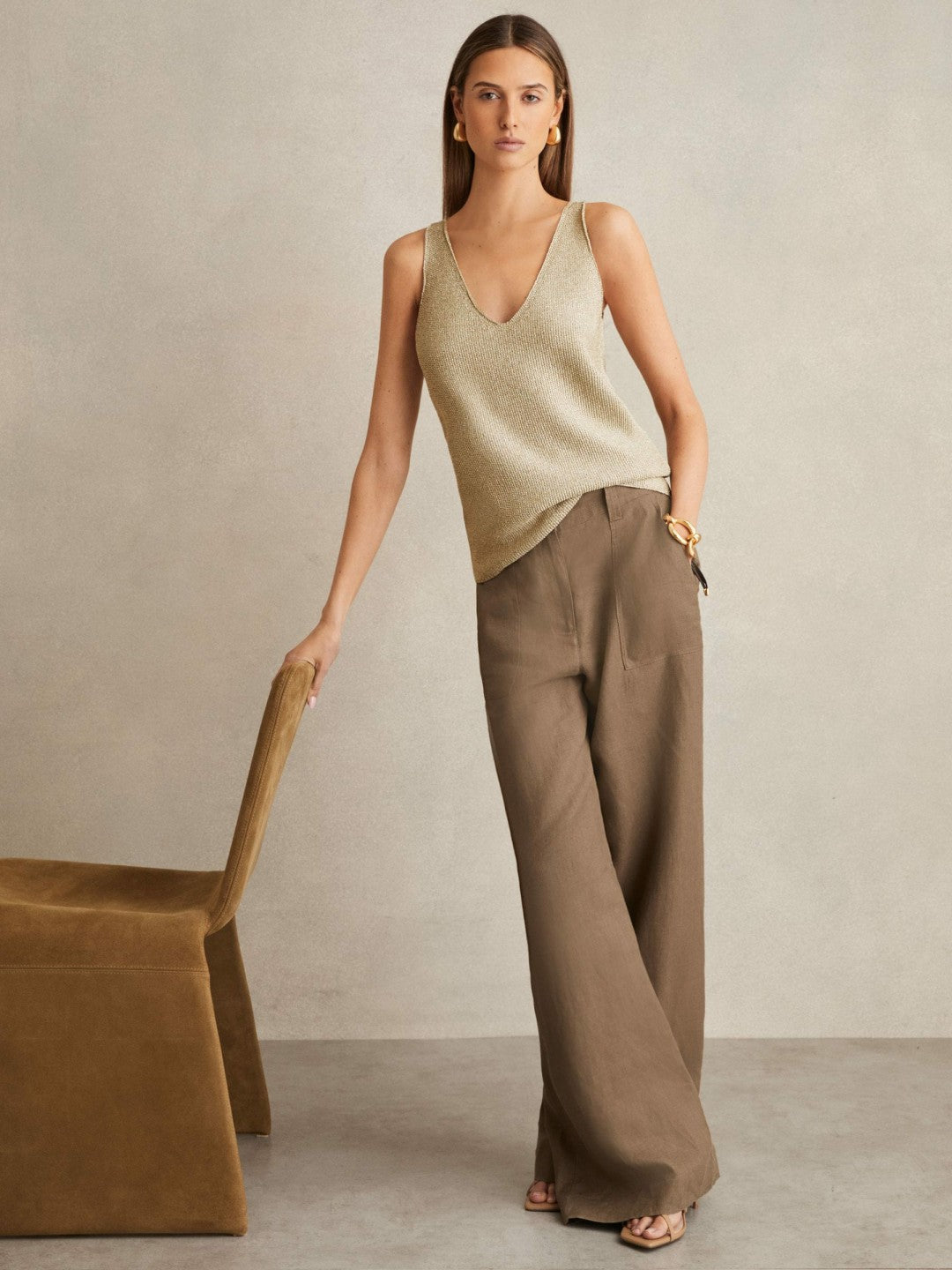 Women Metallic V-Neck Vest in Gold