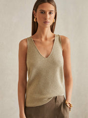 Women Metallic V-Neck Vest in Gold