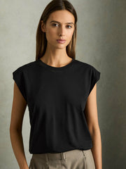 Women Cotton Capped Sleeve T-Shirt in Black