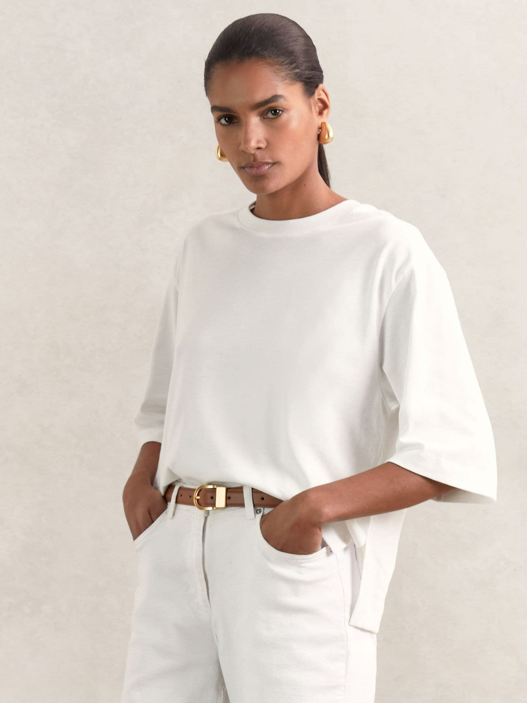 Women Oversized Cotton Crew Neck T-Shirt in White