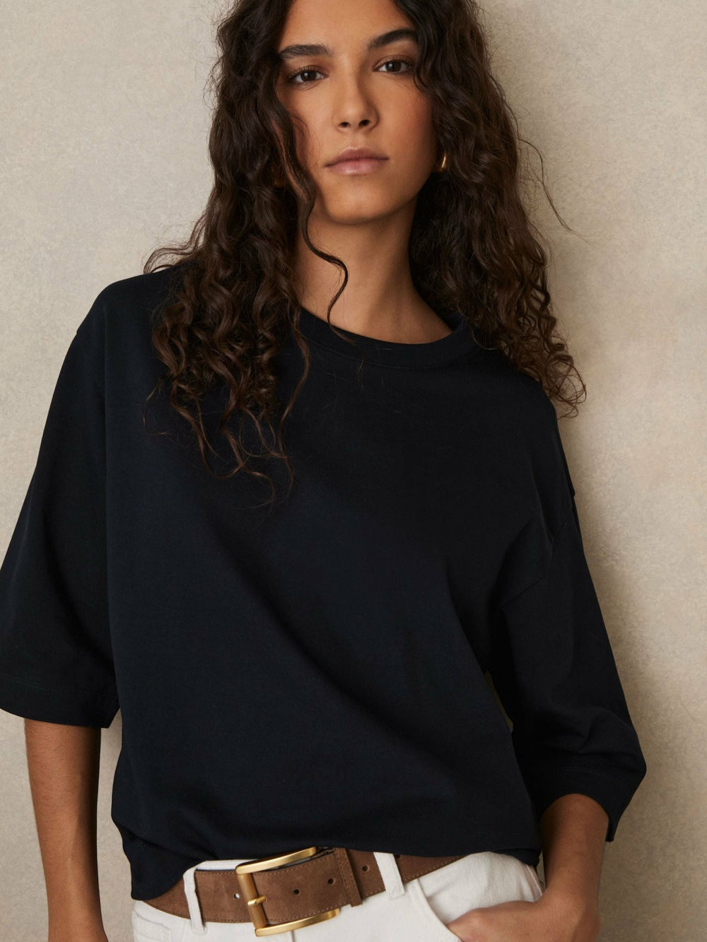 Women Oversized Cotton Crew Neck T-Shirt in Navy