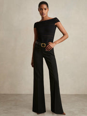 Women Petite High Rise Flared Trousers in Black