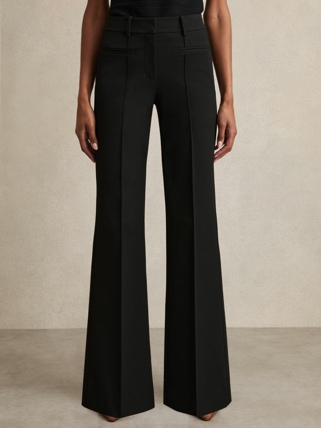 Women Petite High Rise Flared Trousers in Black
