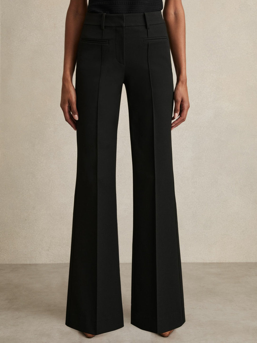 Women Petite High Rise Flared Trousers in Black