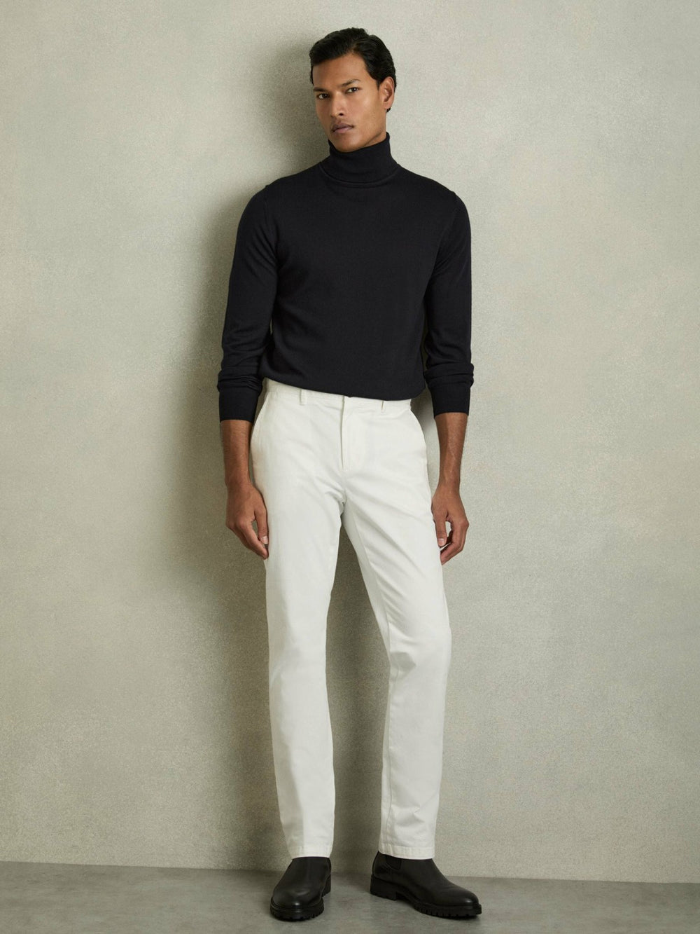 Men Slim Fit Merino Wool Roll Neck Jumper in Navy