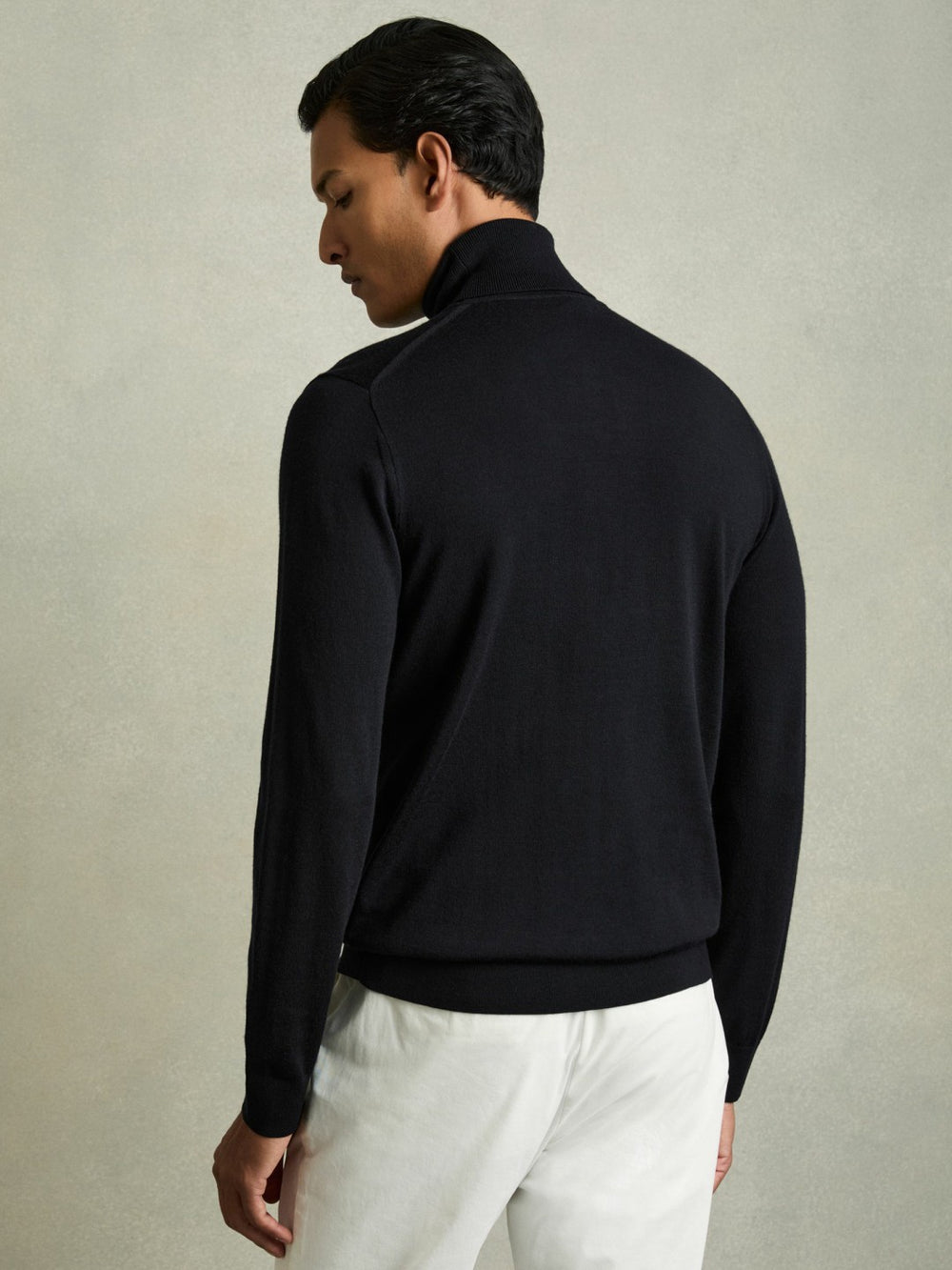 Men Slim Fit Merino Wool Roll Neck Jumper in Navy