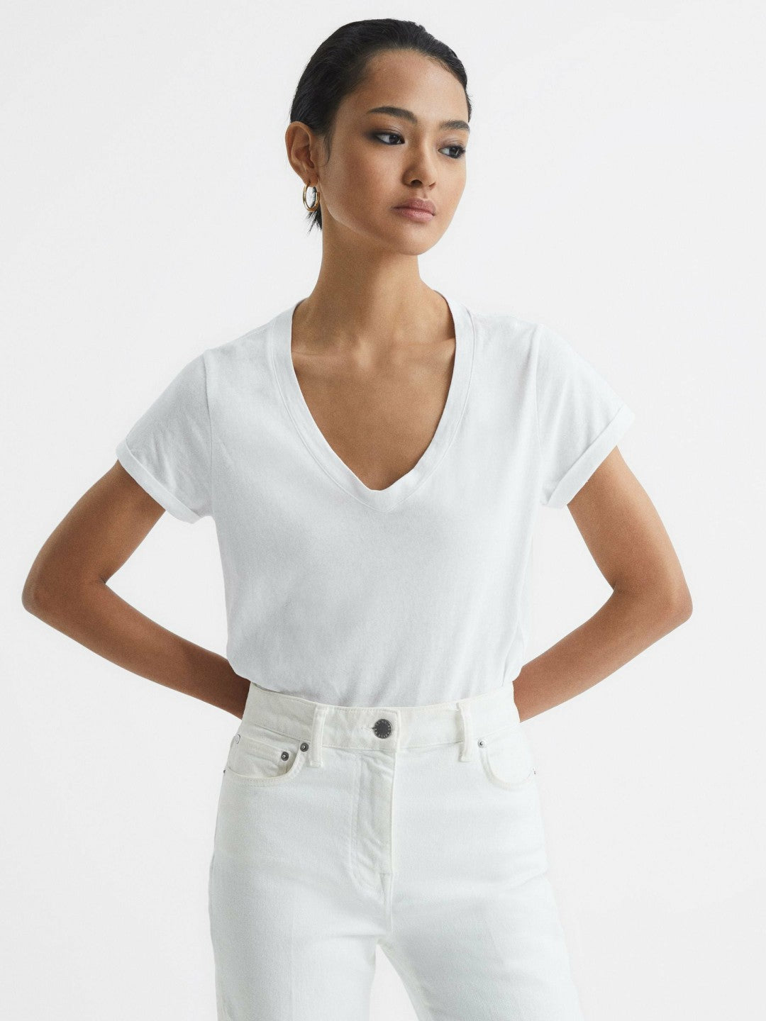 Women Cotton-Jersey V-Neck T-Shirt in White
