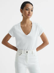 Women Cotton-Jersey V-Neck T-Shirt in White