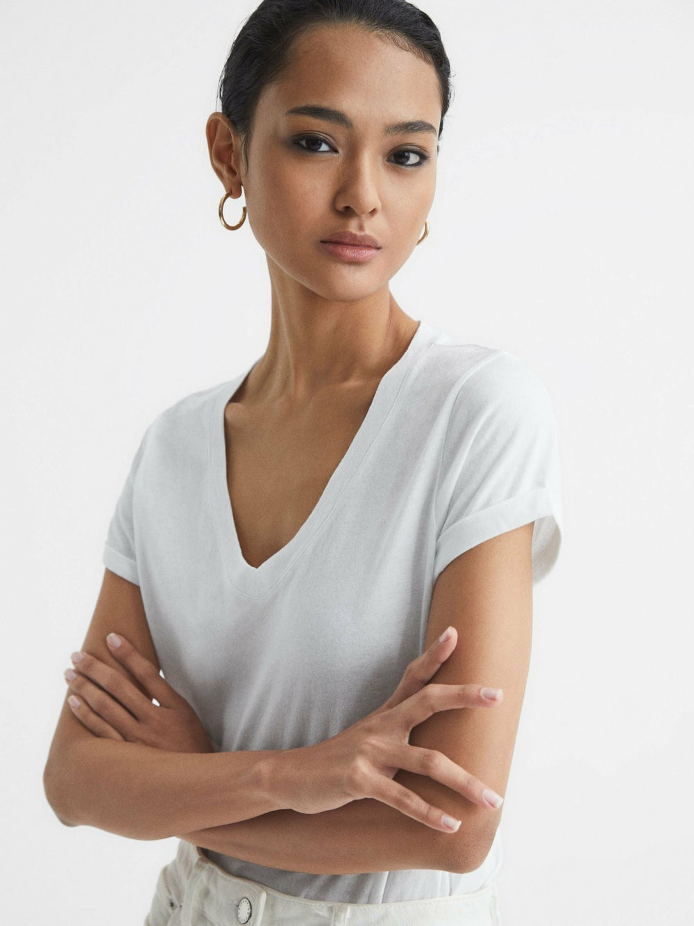 Women Cotton-Jersey V-Neck T-Shirt in White