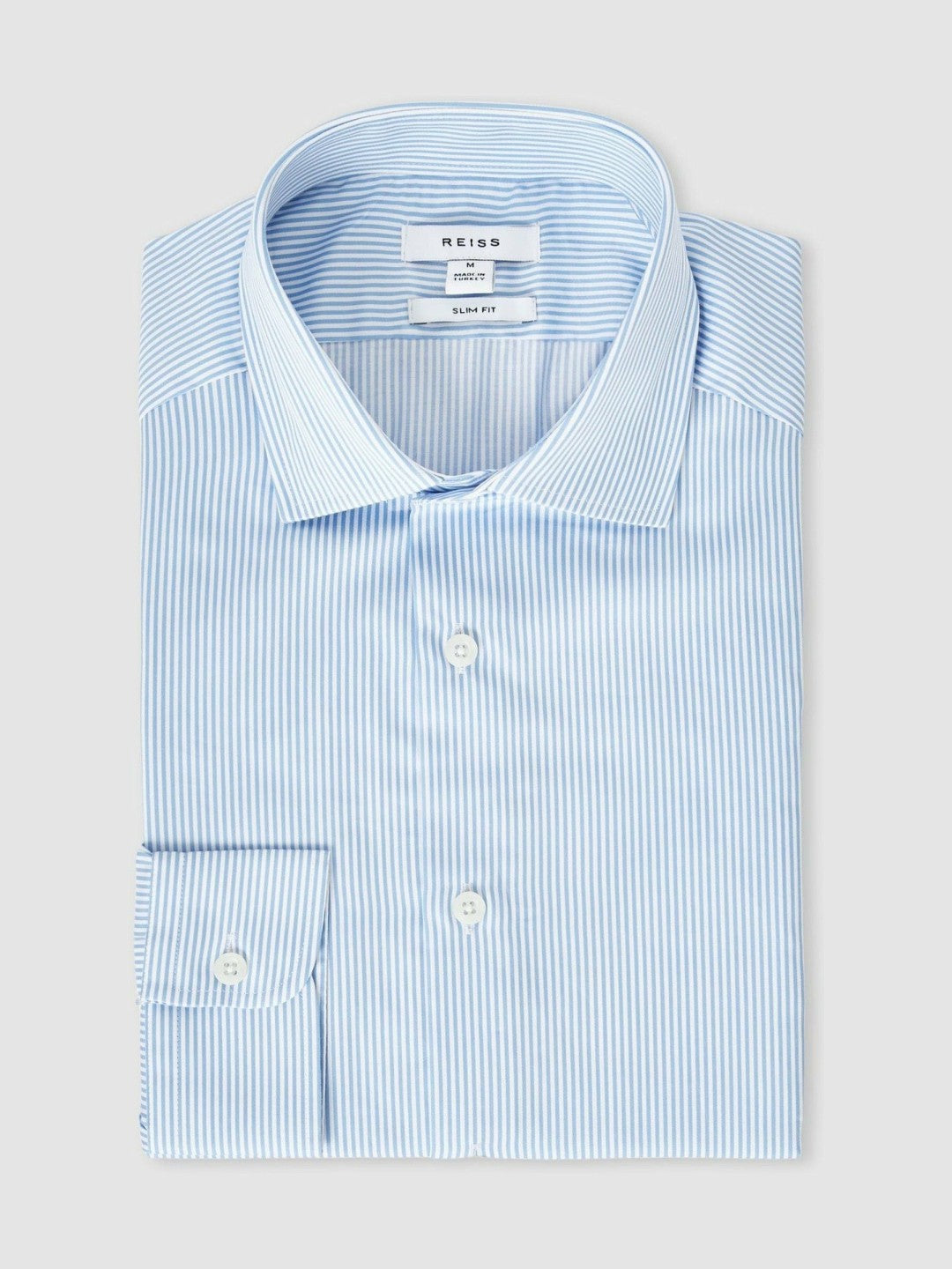 Men Slim Fit Cotton-Satin Cutaway-Collar Shirt in Blue Stripe