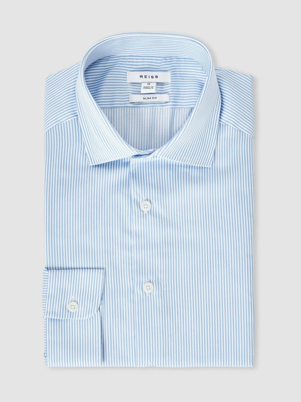 Men Slim Fit Cotton-Satin Cutaway-Collar Shirt in Blue Stripe
