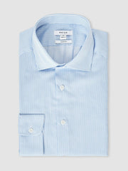 Men Slim Fit Cotton-Satin Cutaway-Collar Shirt in Blue Stripe