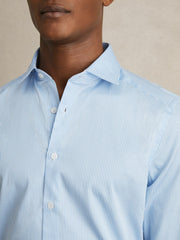 Men Slim Fit Cotton-Satin Cutaway-Collar Shirt in Blue Stripe