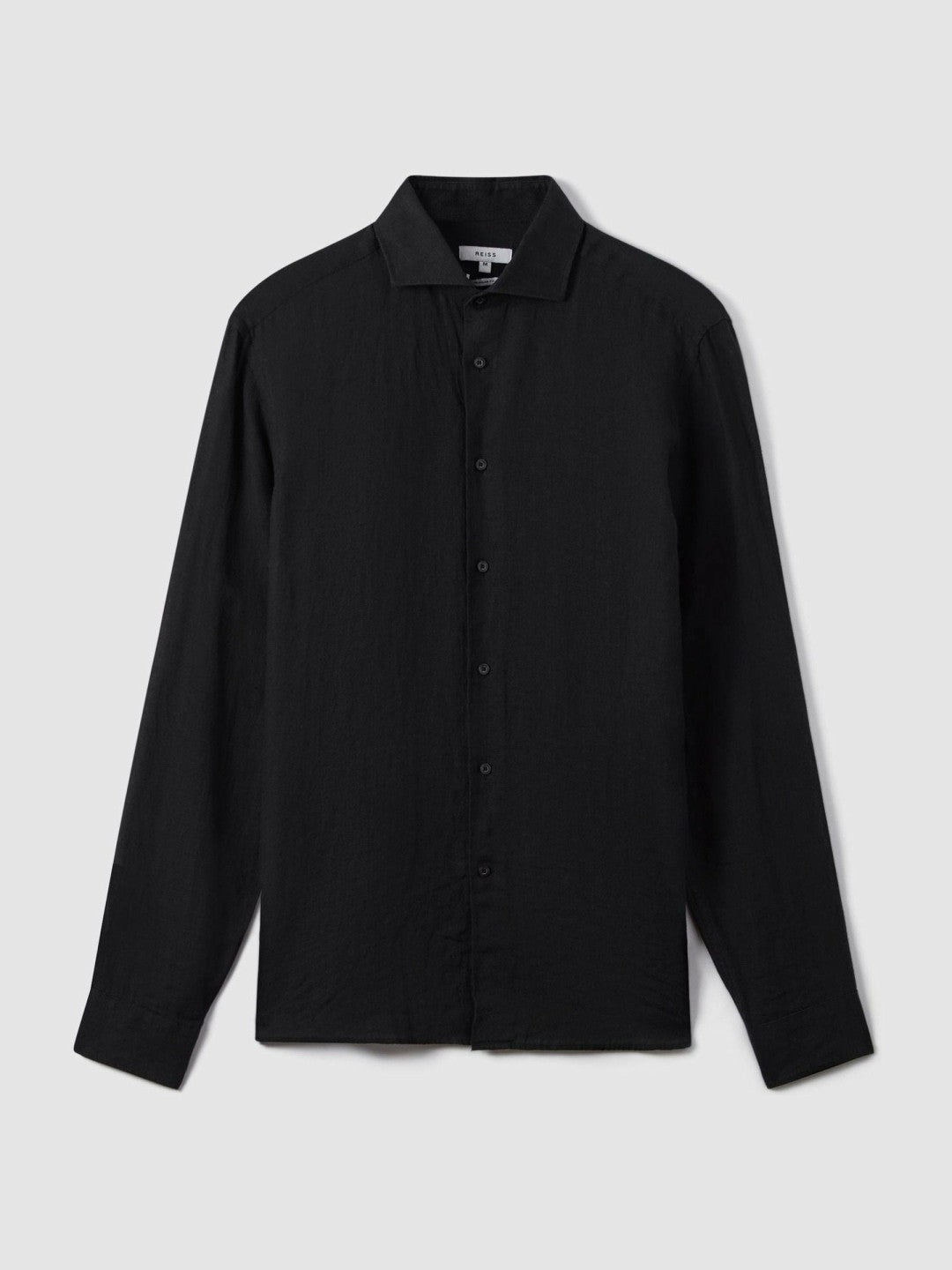 Men Linen Button-Through Shirt in Black