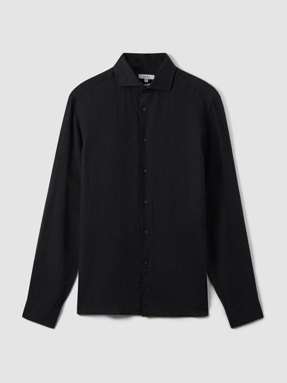 Men Linen Button-Through Shirt in Black