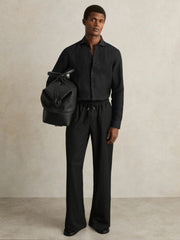 Men Linen Button-Through Shirt in Black