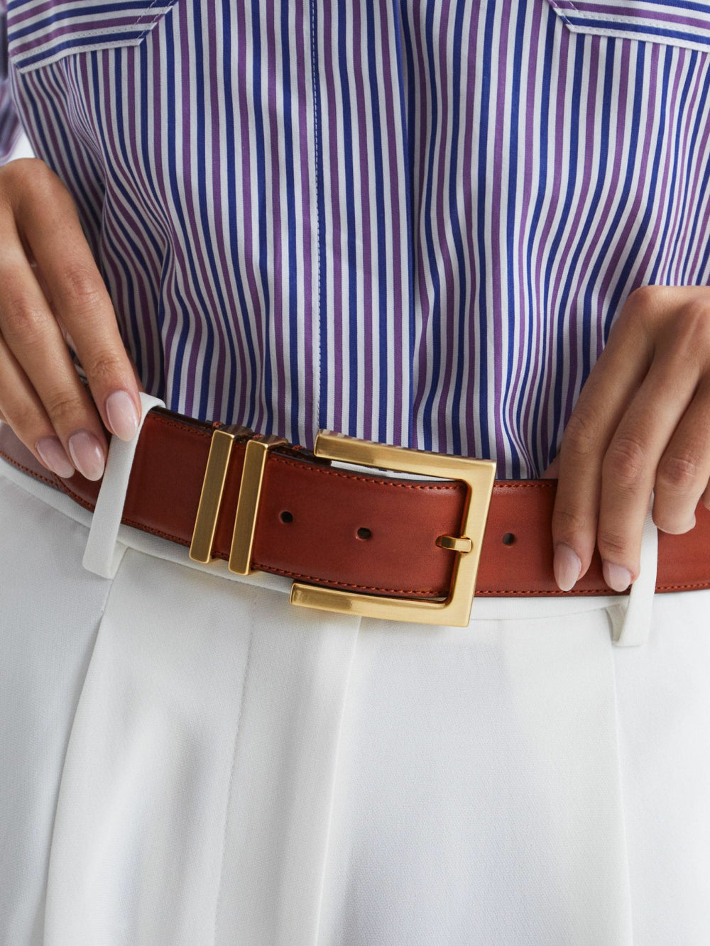 Women Leather Square Buckle Belt in Tan