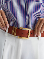 Women Leather Square Buckle Belt in Tan