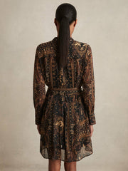 Women Botanical-Print Chiffon Mini Dress in Navy