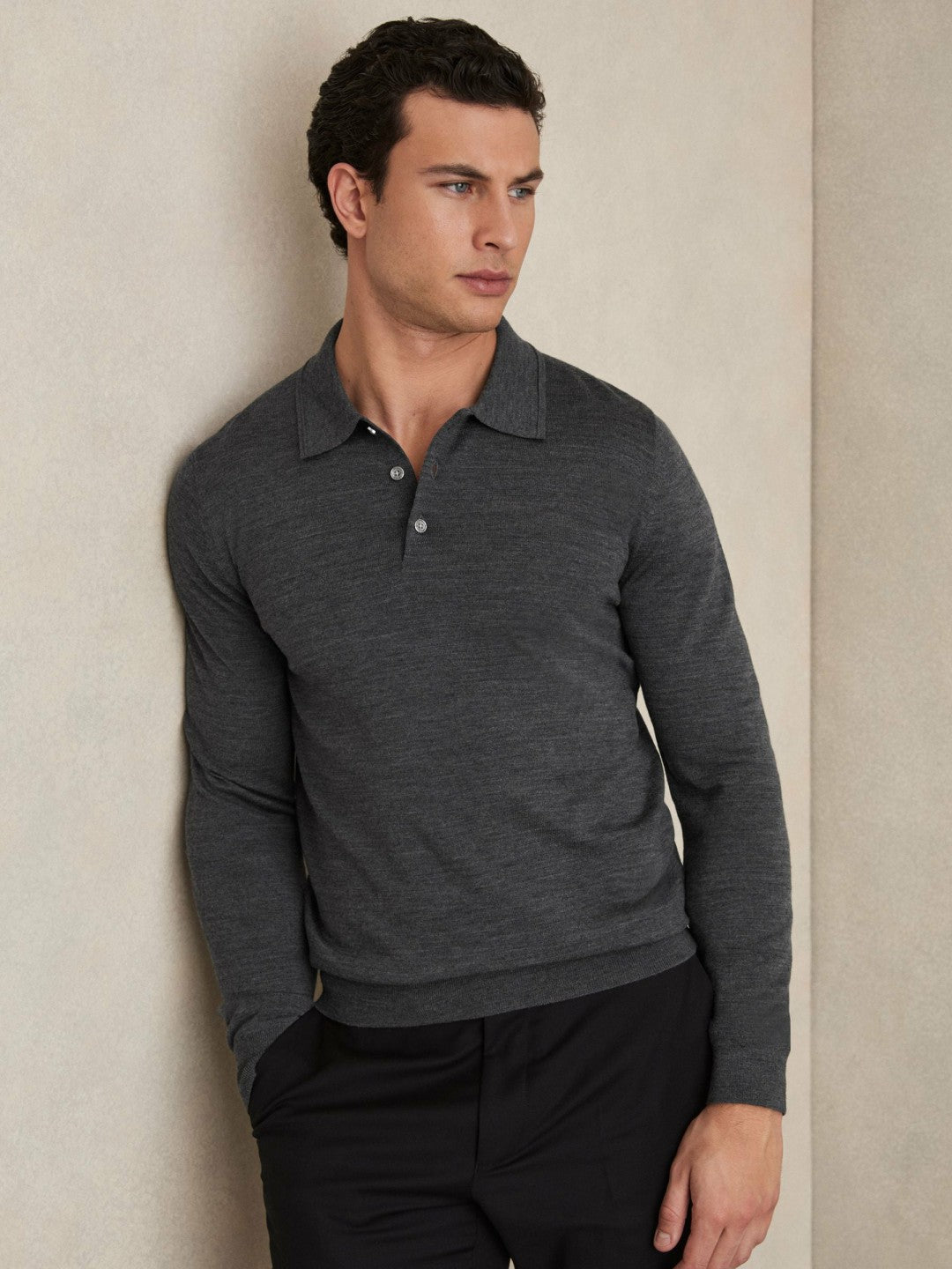 Men Merino Wool Polo Shirt in Derby Grey Marl