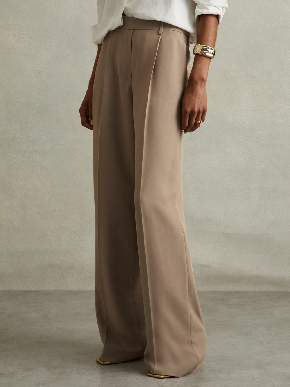 Women Half-Elasticated Wide Leg Trousers in Mink Neutral