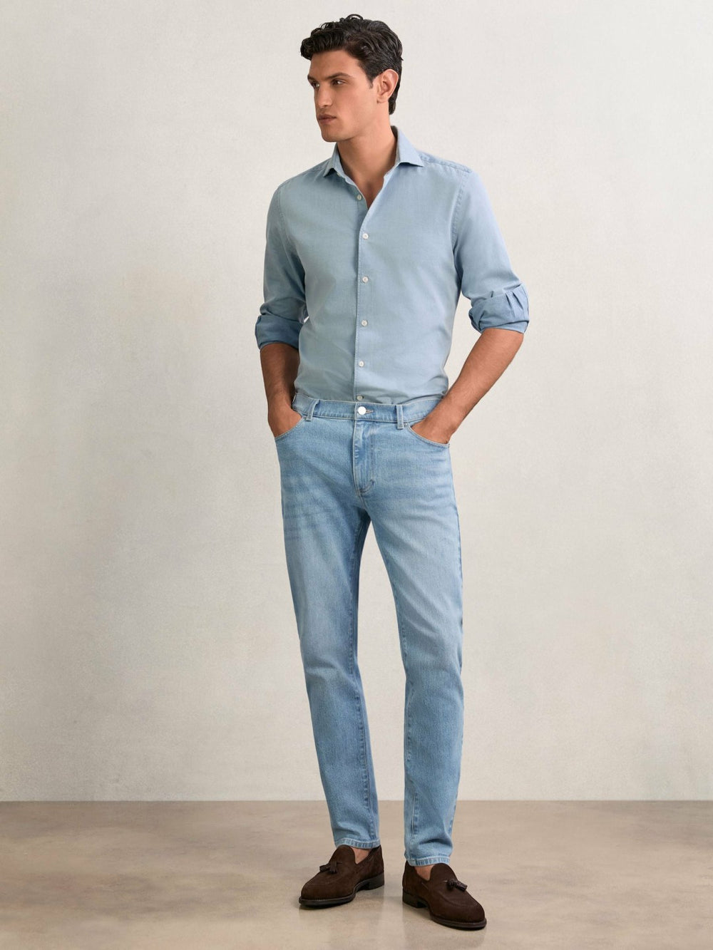Men Cotton-Stretch Slim-Fit Jeans in Light Blue Wash