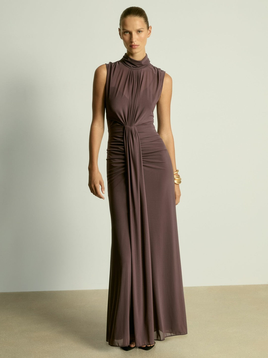 Women Sheer Ruched Maxi Dress in Taupe