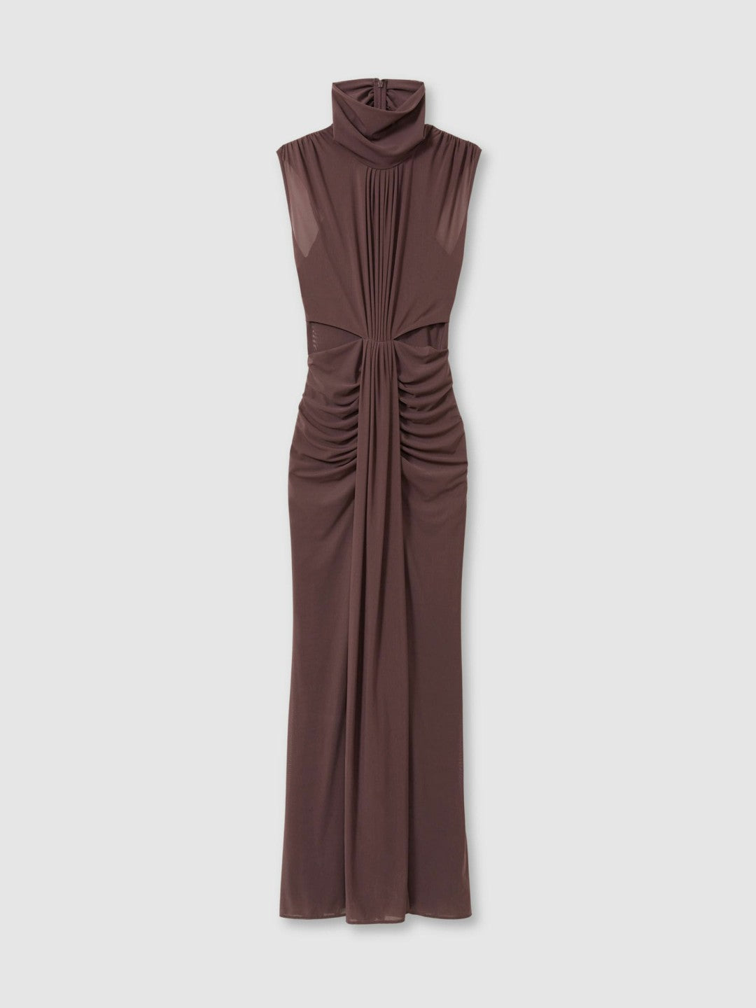 Women Sheer Ruched Maxi Dress in Taupe
