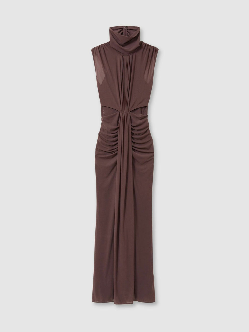 Women Sheer Ruched Maxi Dress in Taupe