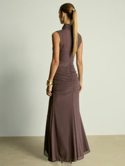 Women Sheer Ruched Maxi Dress in Taupe